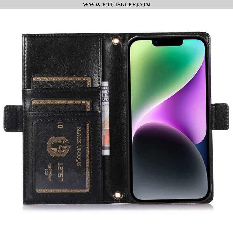 Etui Folio do iPhone 14 Plus z Łańcuch Skóra Liczi Z Paskiem I Zamkiem Błyskawicznym